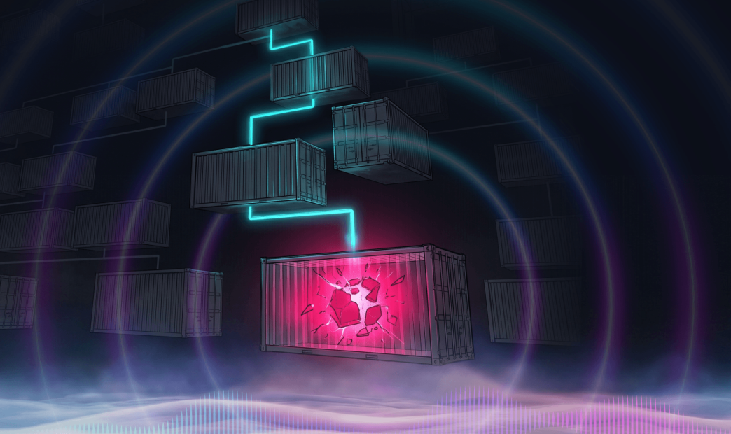 A stylized image of connectors running through containers with a corrupted asset inside