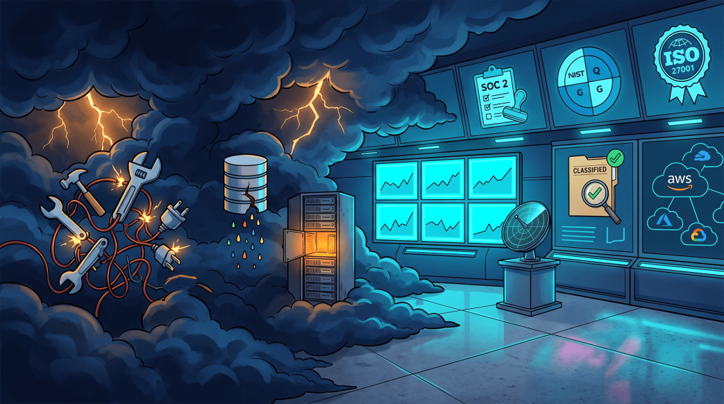 Digital illustration contrasting stormy, chaotic cloud risks on the left with a secure, compliant multi-cloud executive dashboard on the right.