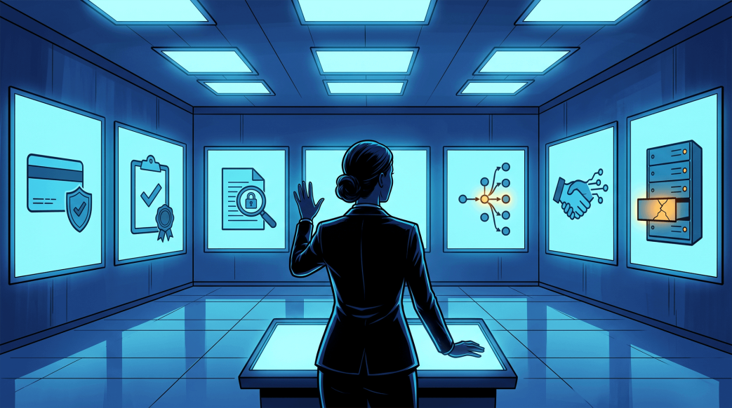 Digital illustration of a woman in a suit standing before a series of large glowing blue monitors in a control room, analyzing various fintech cloud risks. The screens display icons representing financial data security, compliance, data privacy, attack path analysis, third-party integration, and a breached server module glowing orange on the far right.