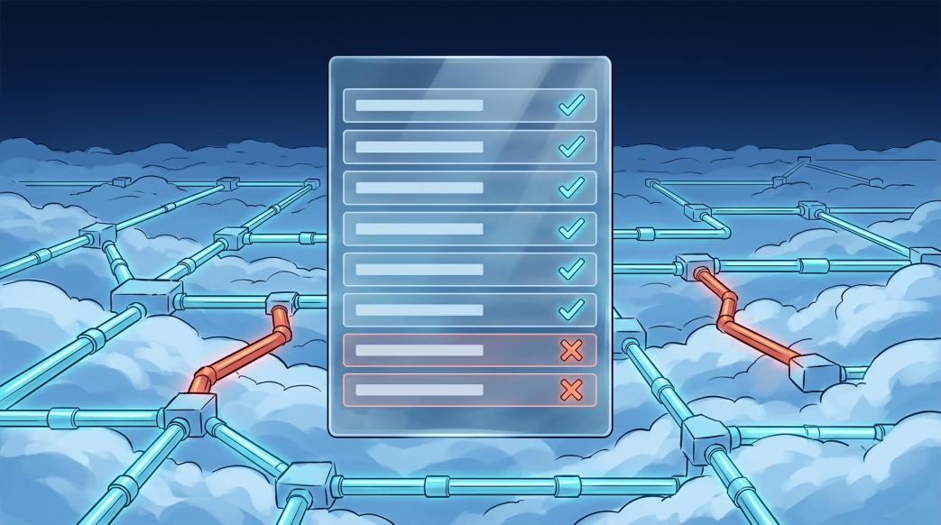 Digital illustration of a cloud security assessment checklist revealing passed security controls and red pipeline vulnerabilities in a cloud network.