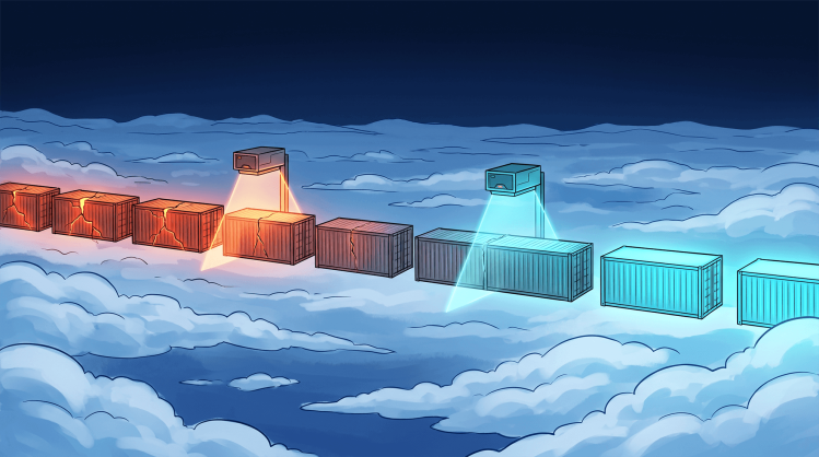 Cloud workload protection concept: damaged containers under orange threat detection light shifting to secure blue containers under active monitoring.