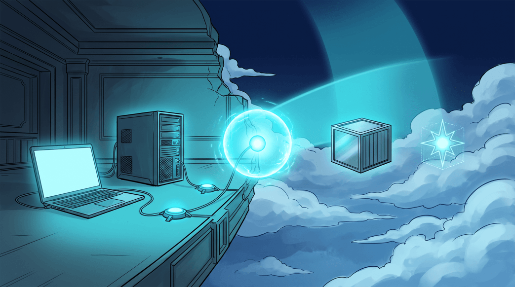 Split-scene illustration contrasting traditional endpoint devices with cloud workloads, connected by a portal, representing CWPP vs EDR security approaches..