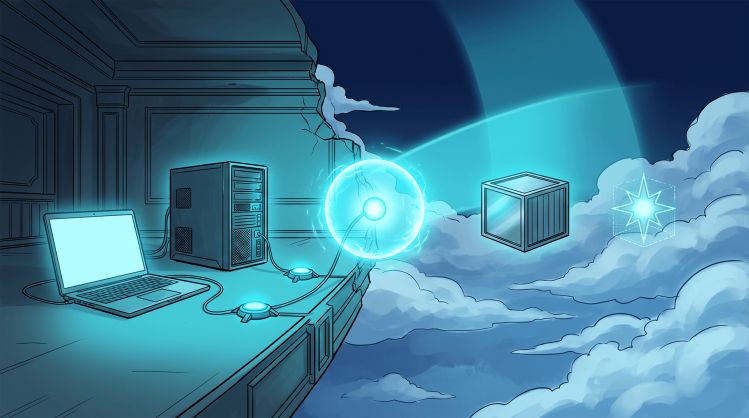 Split-scene illustration contrasting traditional endpoint devices with cloud workloads, connected by a portal, representing CWPP vs EDR security approaches..