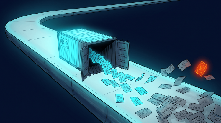 Digital illustration of glowing cyan files pouring out of an open cloud shipping container along a track, highlighting a highlighted orange risk file.