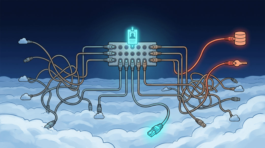 Digital illustration of a central network switchboard panel topped with a glowing blue ID badge icon, featuring tangled ethernet cables spreading across a cloudy background to represent entitlement sprawl, with specific glowing orange cables connecting directly to a database and a key icon.