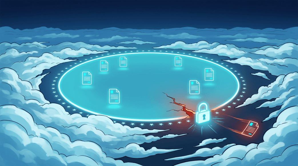 Digital illustration of a large glowing blue circular perimeter decorated with stars resembling the European Union flag floating above the clouds, representing GDPR data protection. While multiple secure document icons float safely inside the circle, a prominent crack next to a glowing padlock at the edge allows an orange-lit document to slip out, symbolizing a compliance breach.