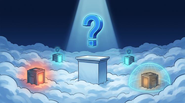 Digital illustration of cloud servers on a pedestal lit by a spotlight question mark, symbolizing incident response tools evaluation.