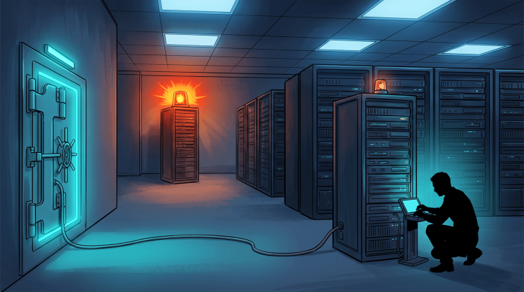 Digital illustration of a security specialist managing a server console in a data center, contrasting a flashing red alert siren with a secure cyan vault to represent cloud risk prioritization.