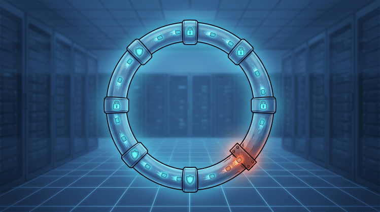 Digital illustration of a circular SDLC pipeline with lock and shield icons, highlighting a glowing orange vulnerability in the workflow.