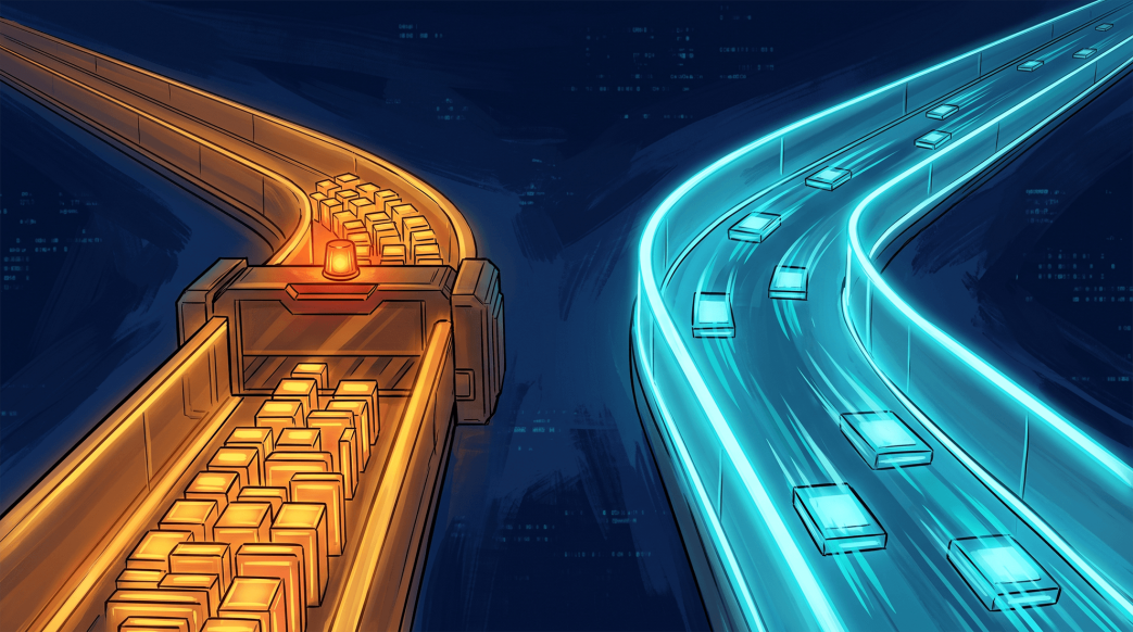 Digital illustration contrasting a congested, slow orange pathway with a fast, streamlined cyan cloud track to represent security as a business enabler.
