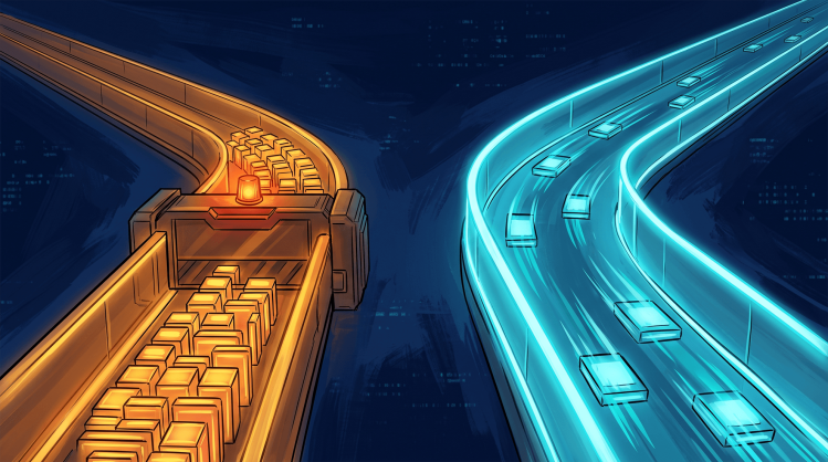 Digital illustration contrasting a congested, slow orange pathway with a fast, streamlined cyan cloud track to represent security as a business enabler.