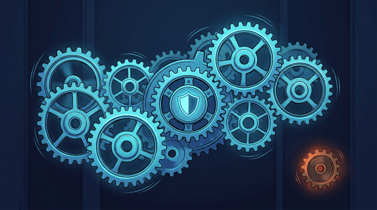 Digital illustration of synchronized cyan gears with a shield icon, contrasting an unaligned orange gear to represent a cloud security operating model.
