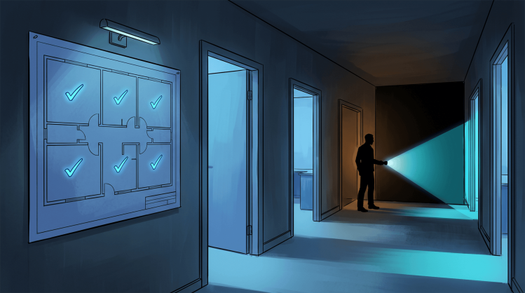 Digital illustration contrasting a narrow flashlight beam with a fully illuminated floorplan map to represent complete cloud security visibility.