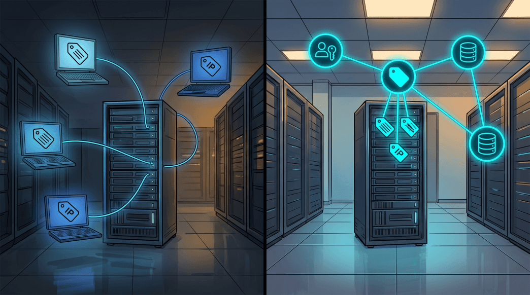 Digital illustration contrasting fragmented security tools with a unified cloud platform connecting identities, assets, and data repositories.