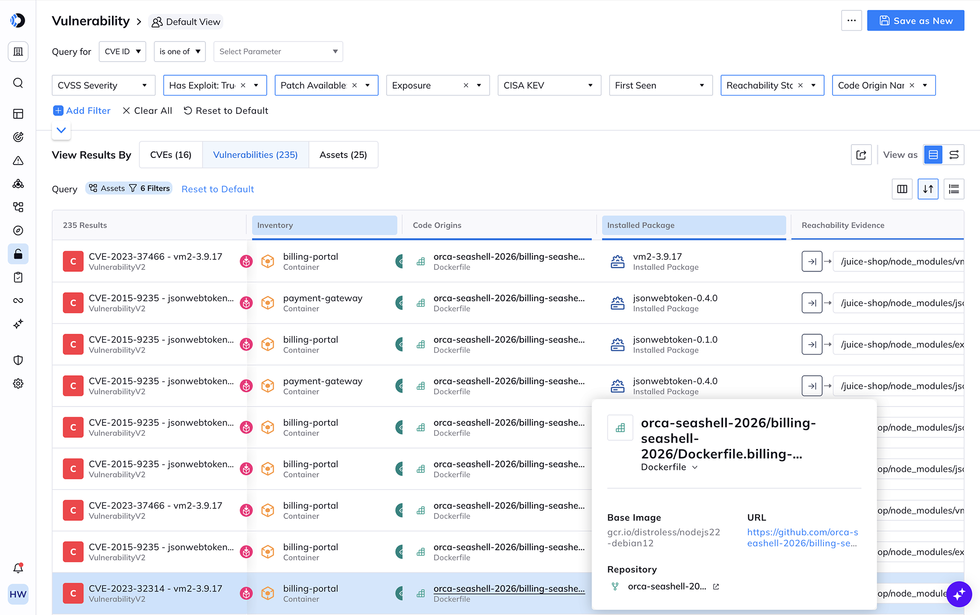A screenshot of the Vulnerability list in the Orca Platform as they relate to various code sources and repos
