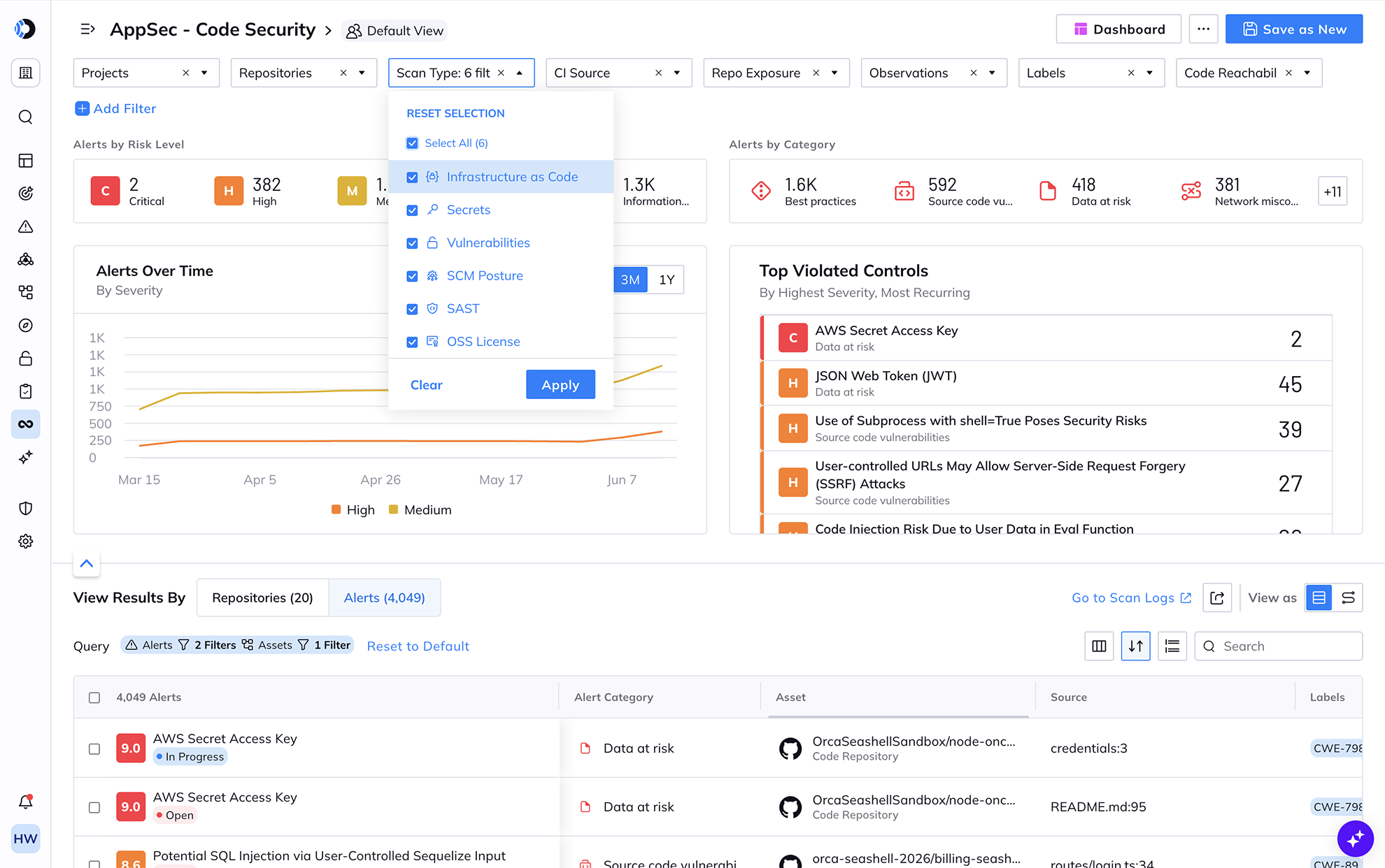 A screenshot of the Code Security Dashboard and its filtering capabilities