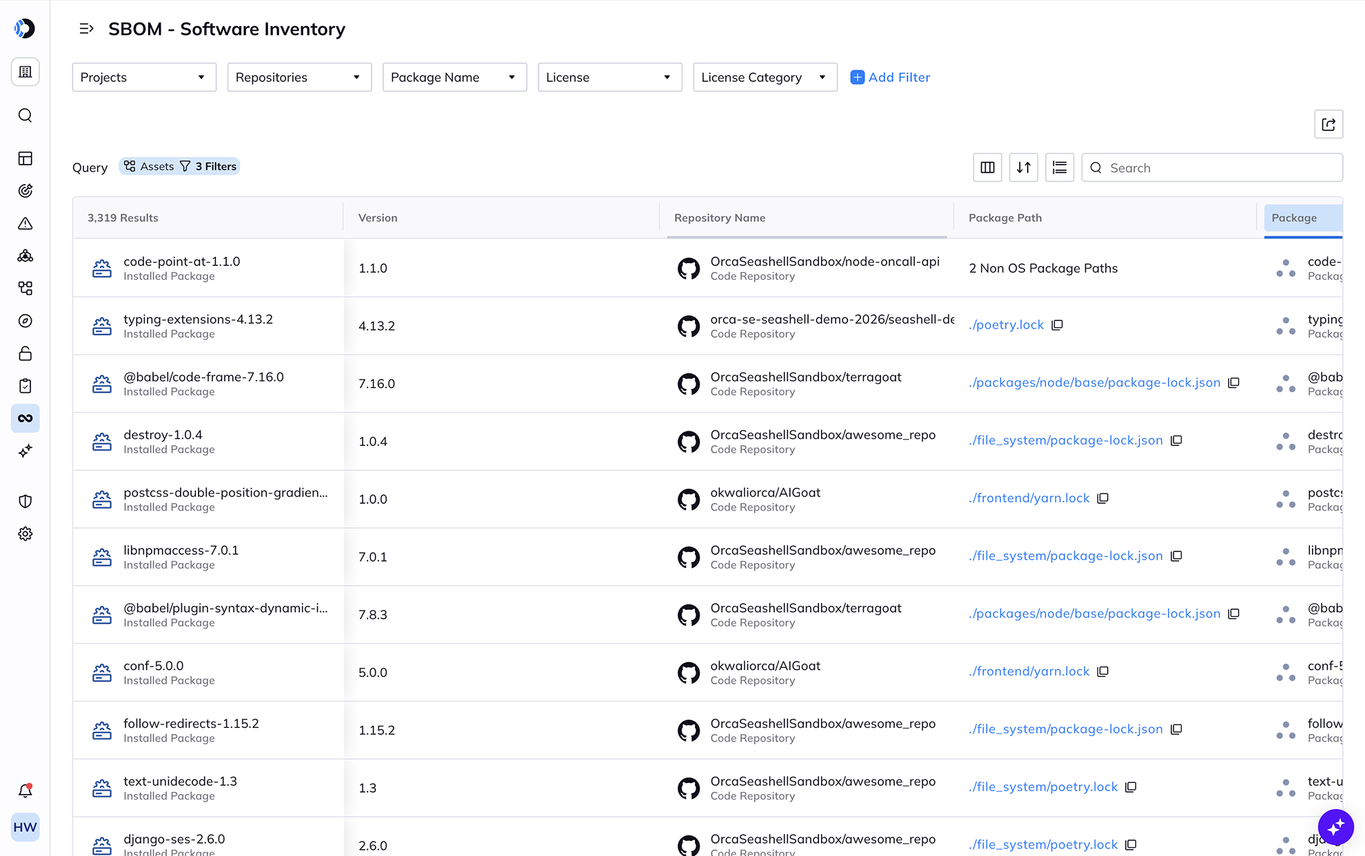 A screenshot of the SBOM Software Inventory dashboard within the Orca Platform