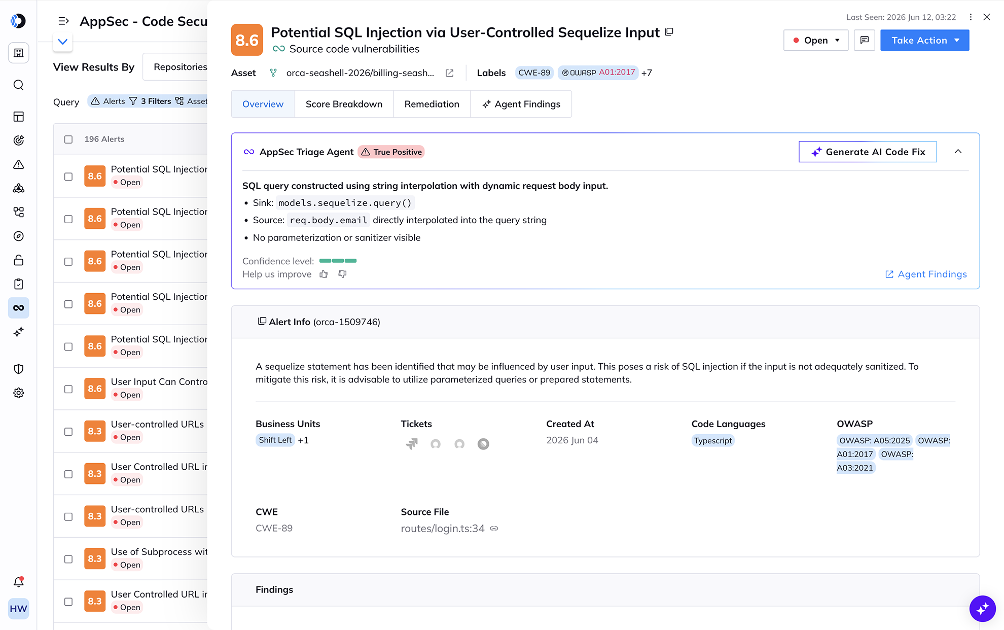 A screenshot of an alert from the AppSec Code Security dashboard with insights on how to remediate the issue from the Orca Platform