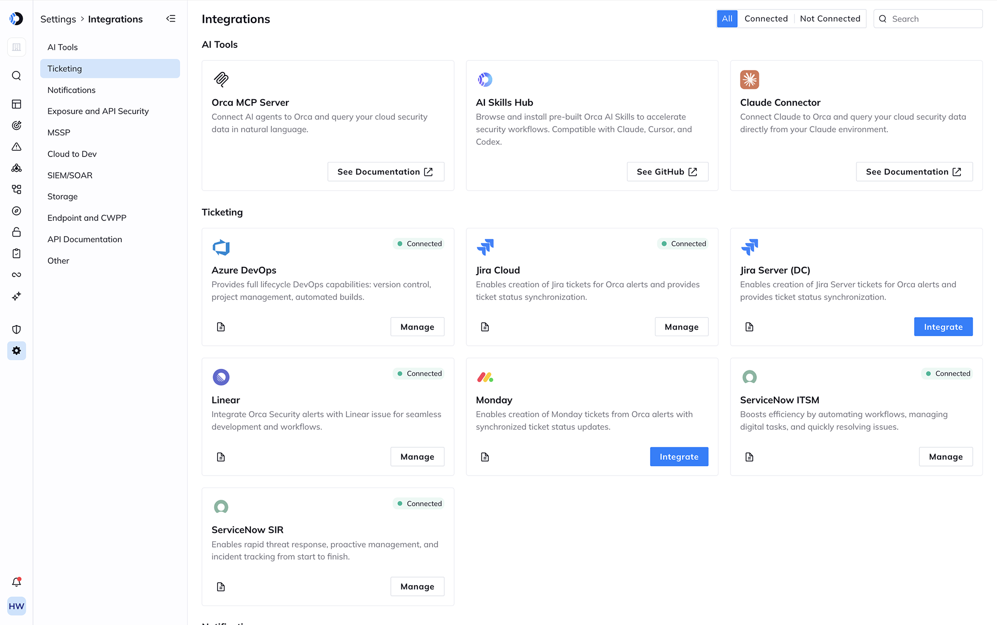 A screenshot of the various integration capabilities that exist within the Orca platform