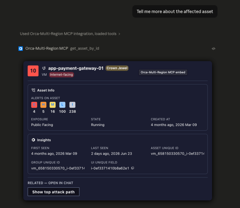 A screenshot of how the Orca Platform integrates with Claude via the Orca MCP server