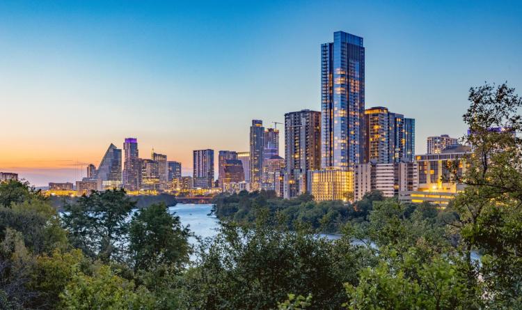 An aerial beautiful view of Austin City with skyscrapers during the sunset