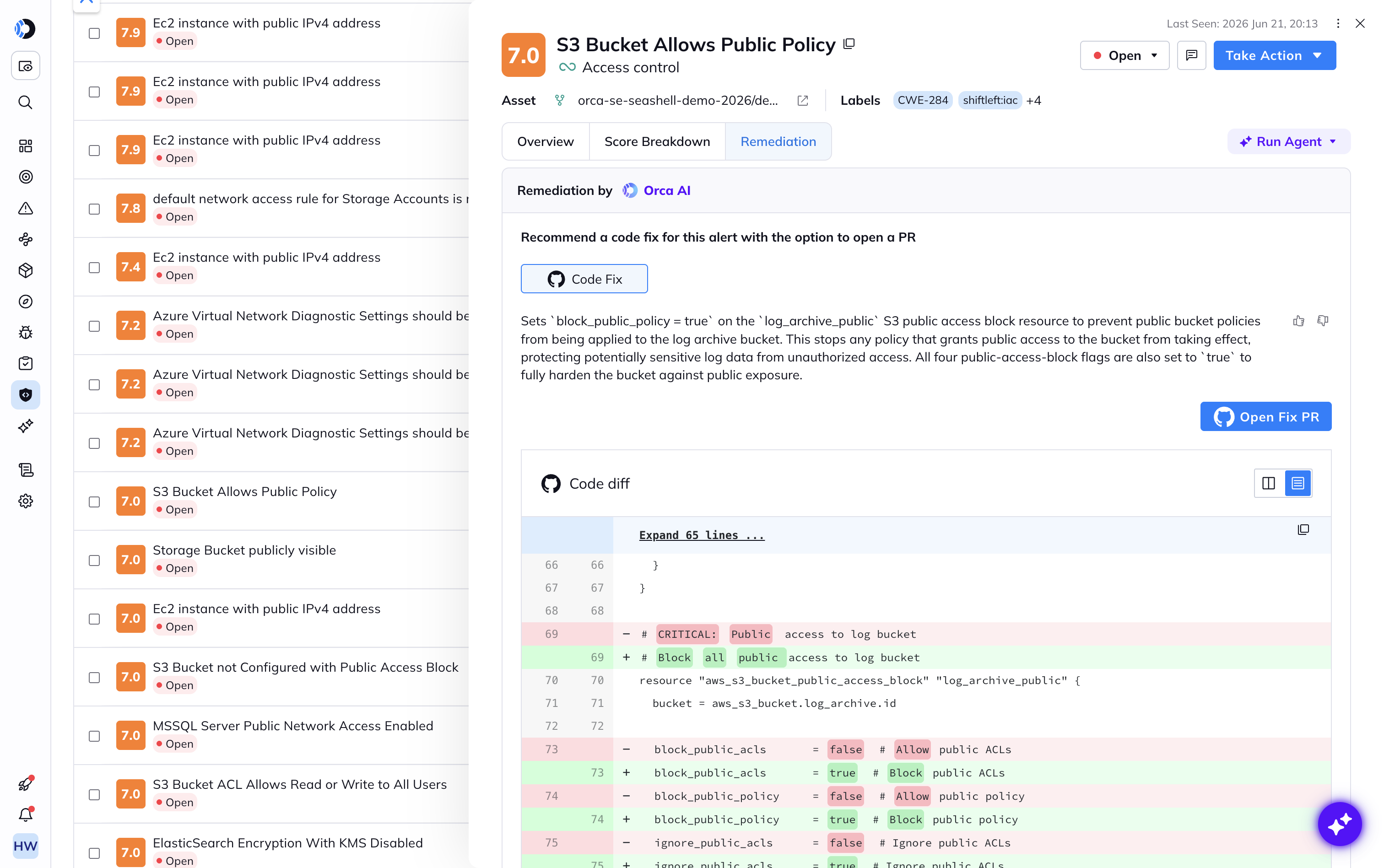 A screenshot of the Orca platform providing automated remediation with AI code fixes