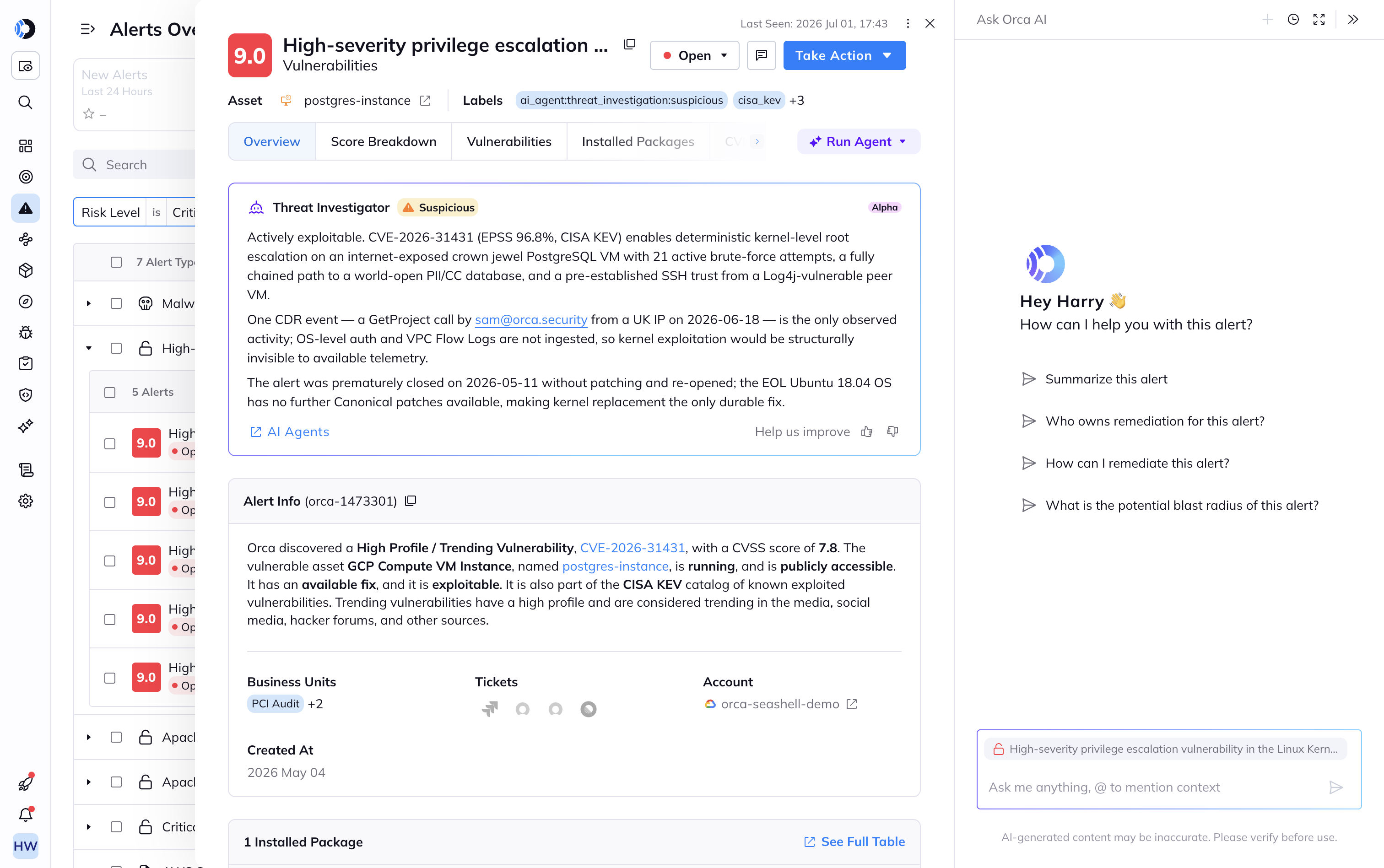 A screenshot of the Orca platform's Threat Investigator surfacing a high-risk vulnerability with an option to ask Orca AI for additional context
