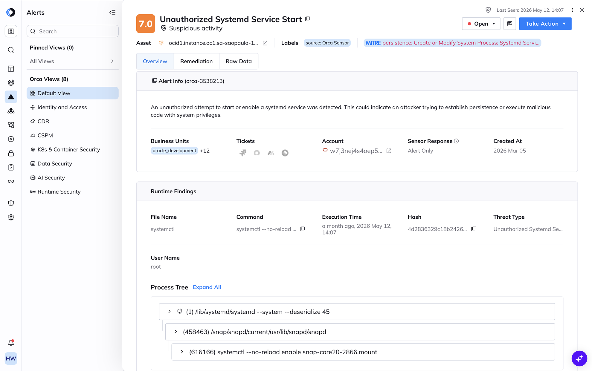 A screenshot of a specific alert within the Orca Security platform utilizing the Orca runtime sensor