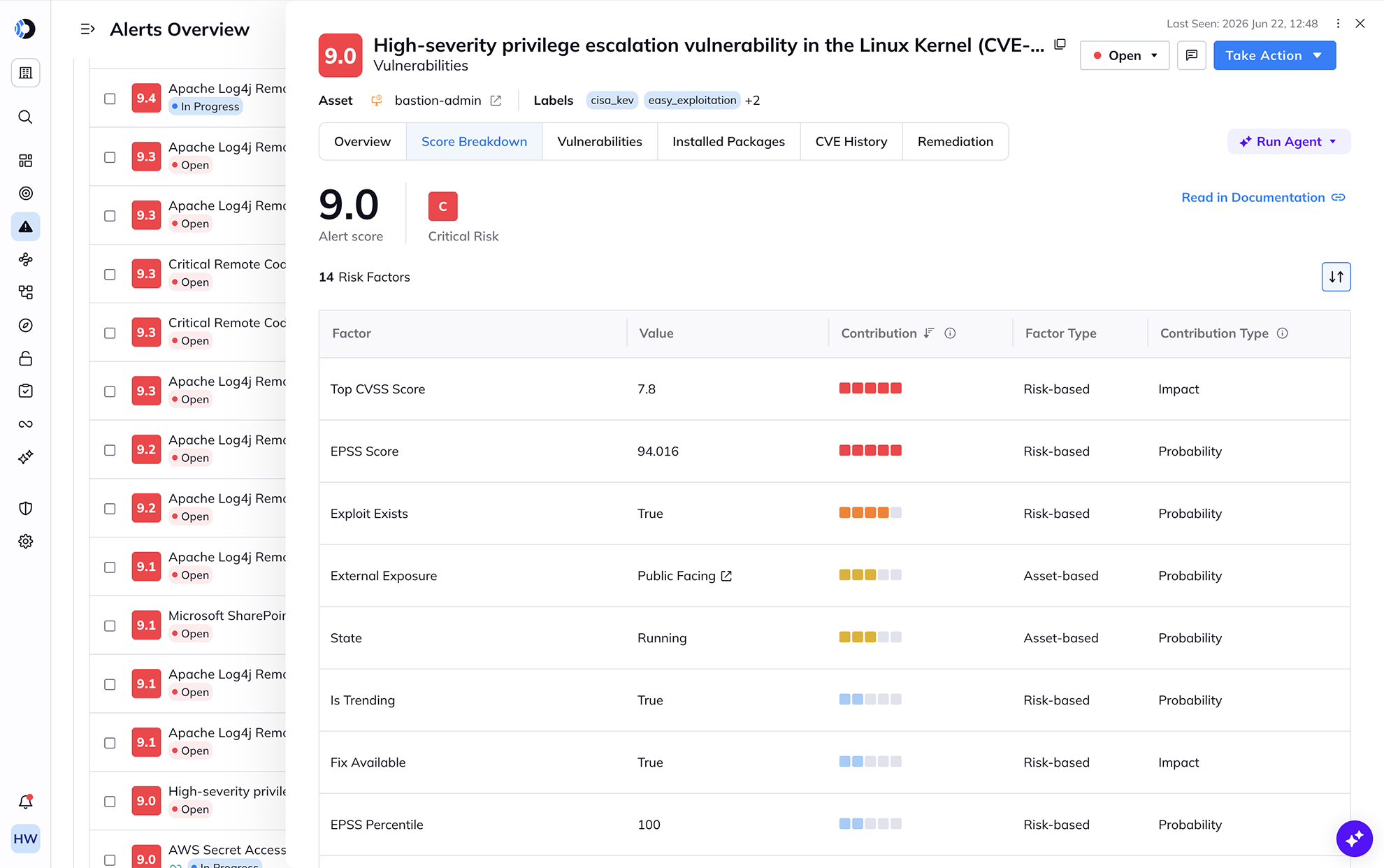 A screenshot of a high-severity vulnerability with the risk factors that contribute to that score