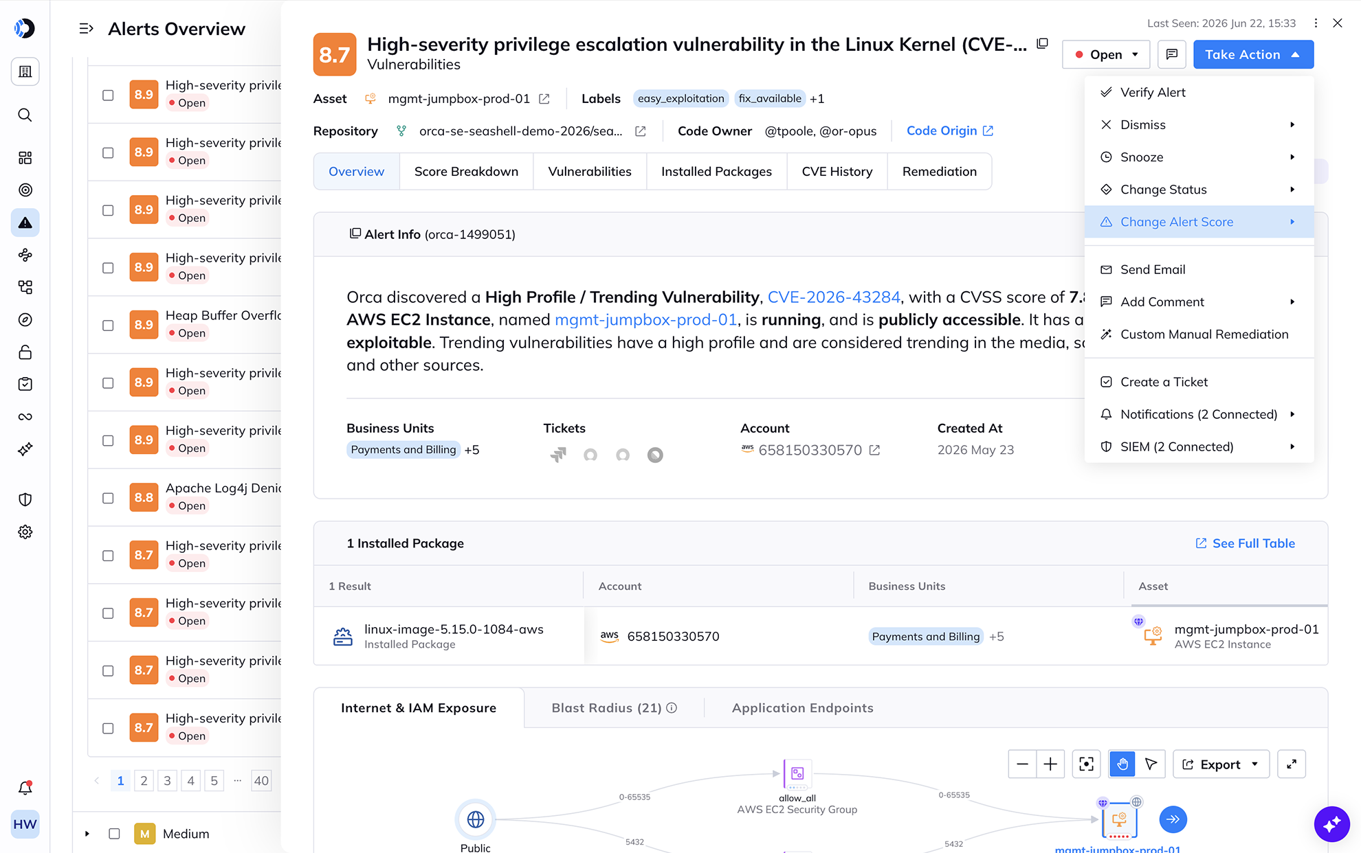 A screenshot of a vulnerability discovered by the Orca Platform and various actions you can take to surface it