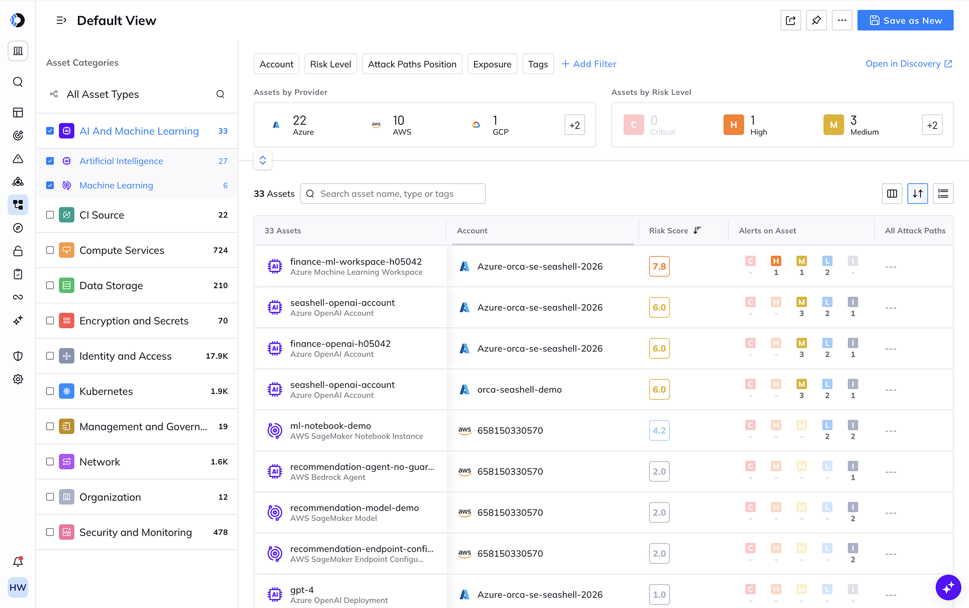 A screenshot of the Orca Platform asset filtering capabilities which allow you to filter by AI and Machine Learning asset types