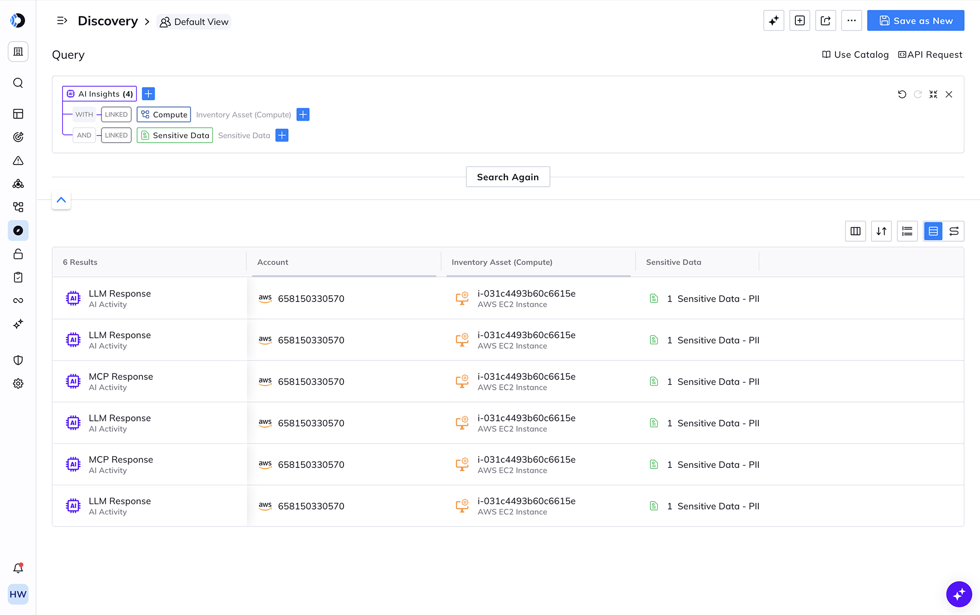 A screenshot of a advanced query being performed in the Orca Platform to find AI activity that contains sensitive information