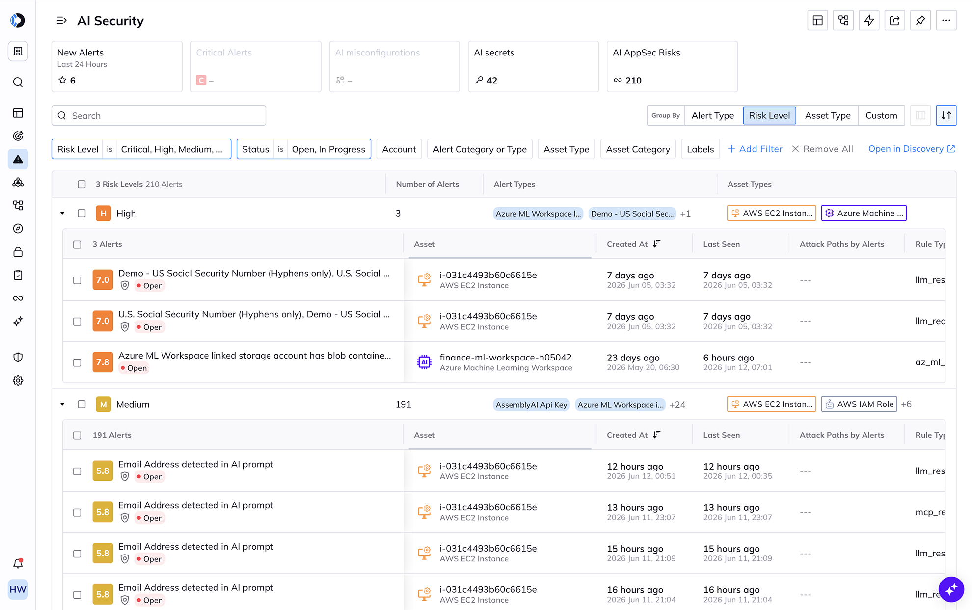 A screenshot of the AI Security dashboard view filtering high risk level AI instances