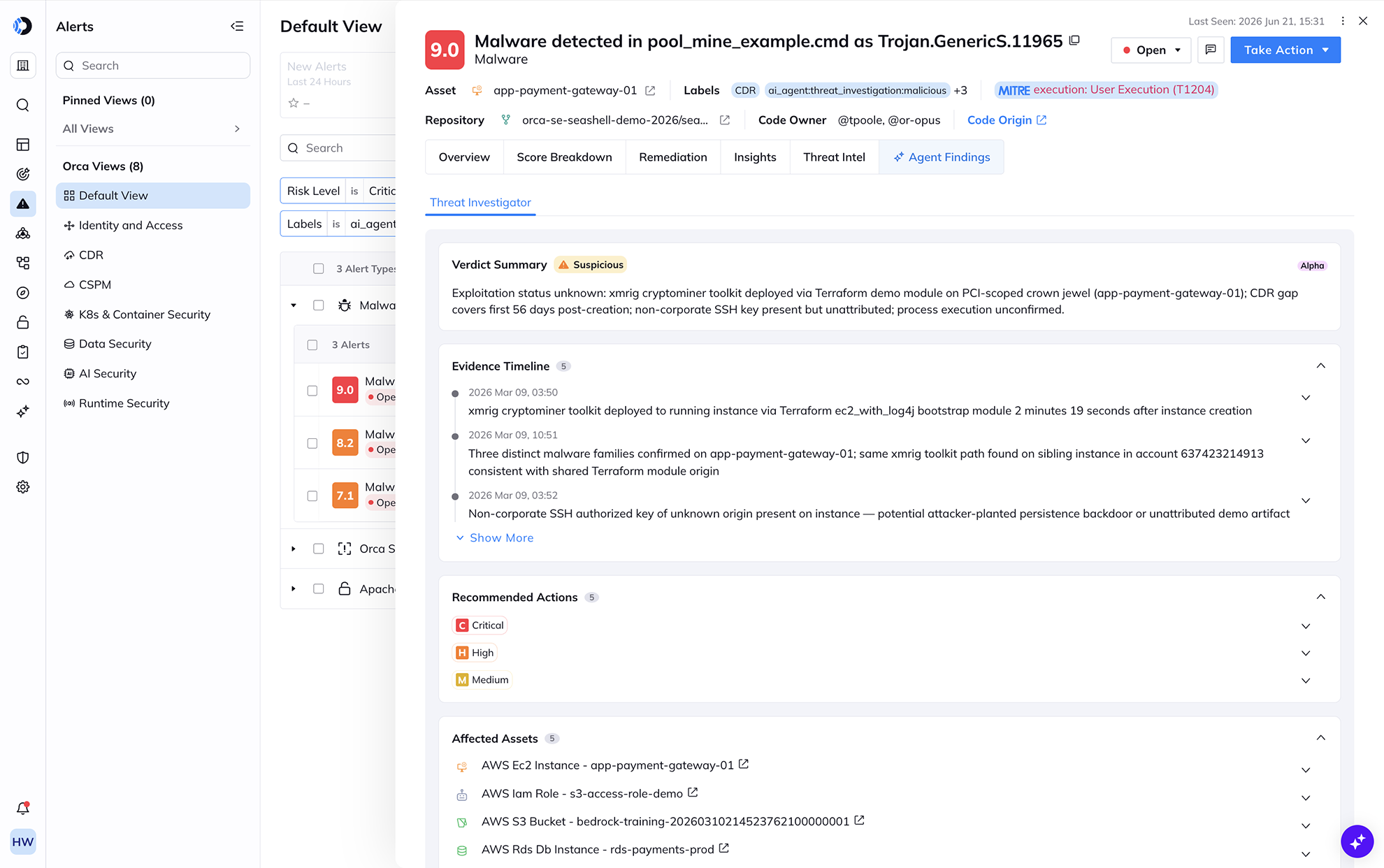 A screenshot of a malware alert with additional context added from Orca AI and external agents in the Orca Platform