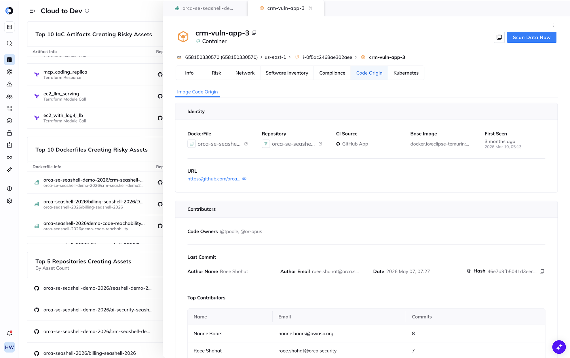 A screenshot of the Orca Platform tracing runtime exposure back to the code commit that caused it