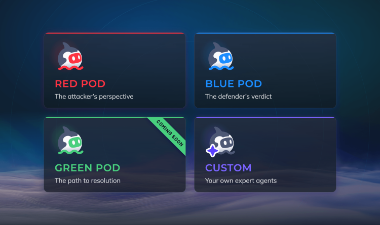 Orca Security AI Agent Pods graphic featuring Red, Blue, Green, and Custom pods for comprehensive cloud threat analysis and remediation.