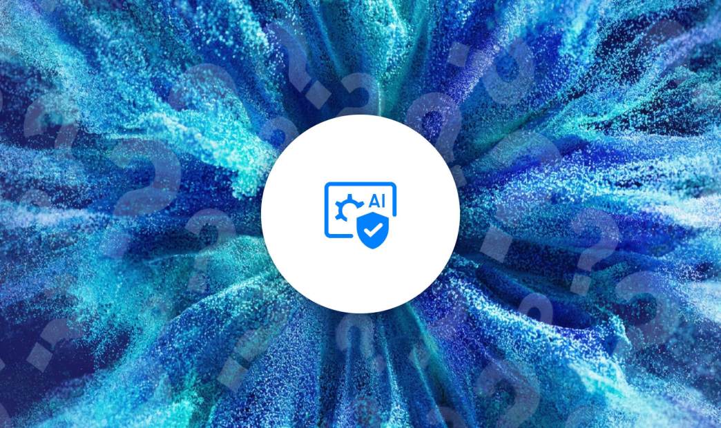 Central AI shield icon surrounded by question marks on a blue particle background, illustrating AI AppGen security.