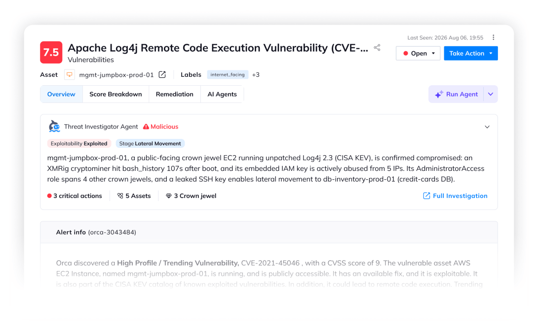 Orca Cloud Security Platform interface featuring Threat Investigator analysis of an exploited Apache Log4j vulnerability on an AWS EC2 instance.