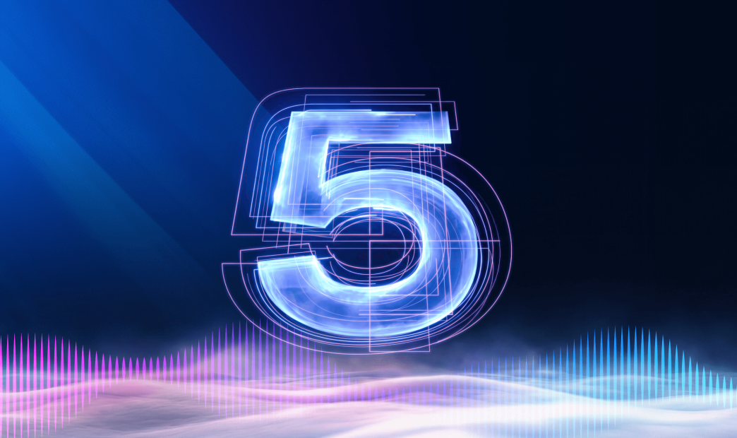 A glowing holographic blue "5" with pink wireframe outlines, floating above a pink-to-blue soundwave visualization.