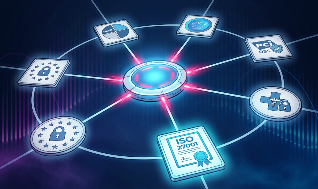 A glowing control hub radiates energy to six regulatory framework badges, visualizing one unified compliance program satisfying multiple standards simultaneously.