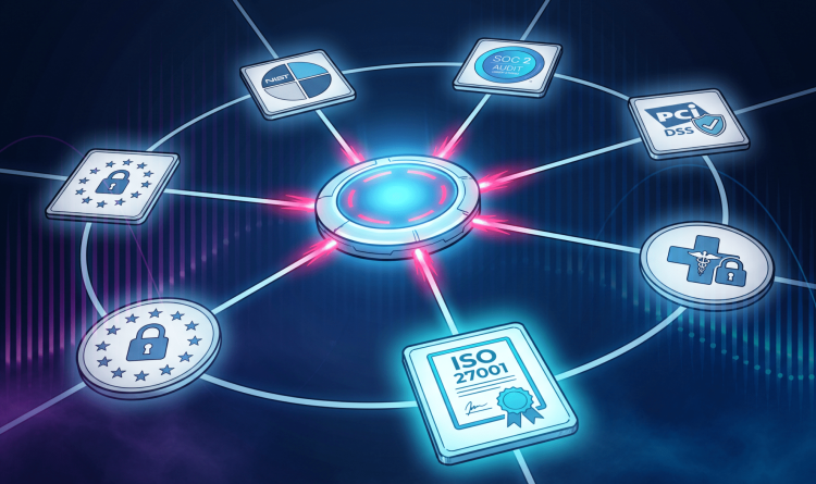 A glowing control hub radiates energy to six regulatory framework badges, visualizing one unified compliance program satisfying multiple standards simultaneously.