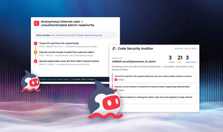 Orca Cloud Security Platform interface featuring the Code Security Auditor AI agent highlighting code repository vulnerabilities and attack chain findings.
