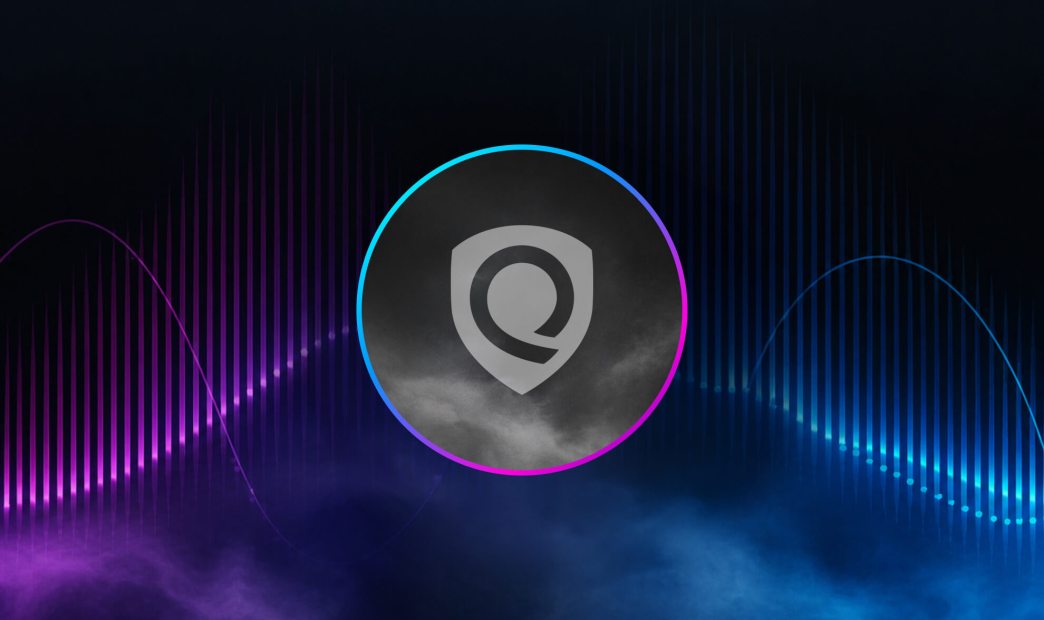 Qualys shield logo inside a glowing circle on a dark digital background with neon wave graphics.
