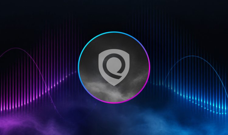 Qualys shield logo inside a glowing circle on a dark digital background with neon wave graphics.
