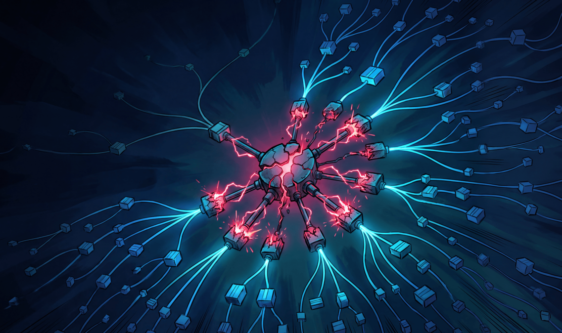 Digital illustration of a central node cracking with red electricity across a connected network, symbolizing an npm supply chain attack.