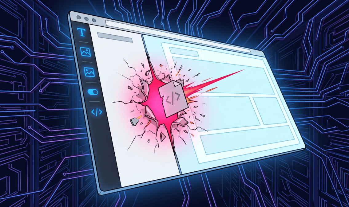 A cracked, glowing red php file shoots a laser through a shattered website interface.