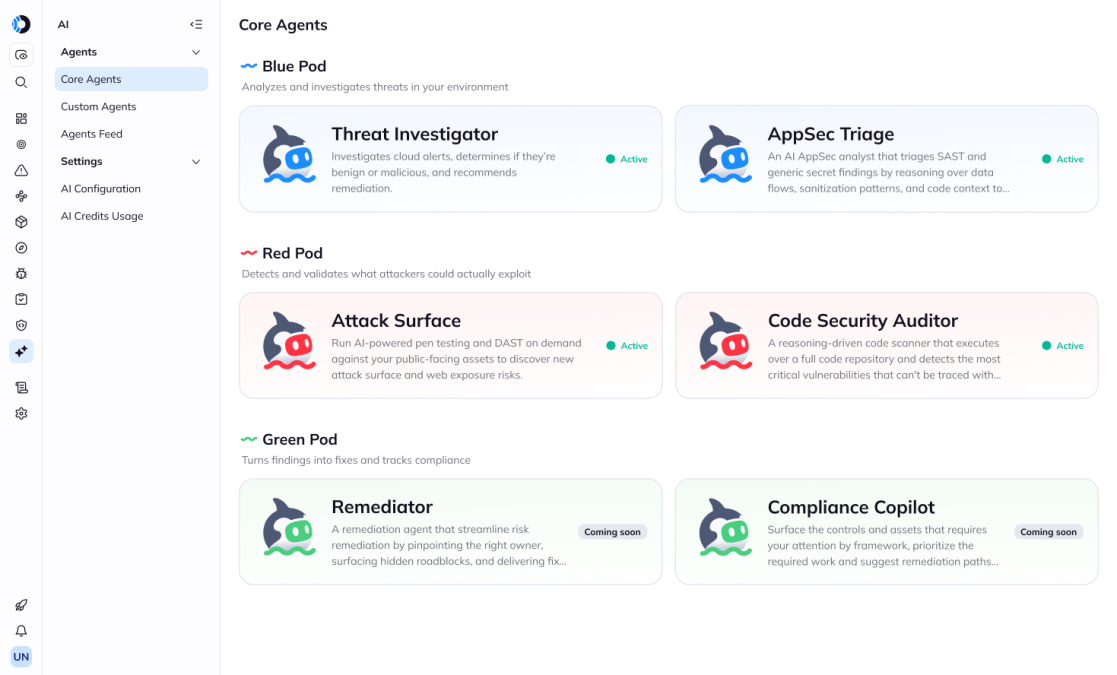 Orca Cloud Security Platform interface displaying AI Core Agents grouped into Blue, Red, and Green pods for threat analysis and remediation.