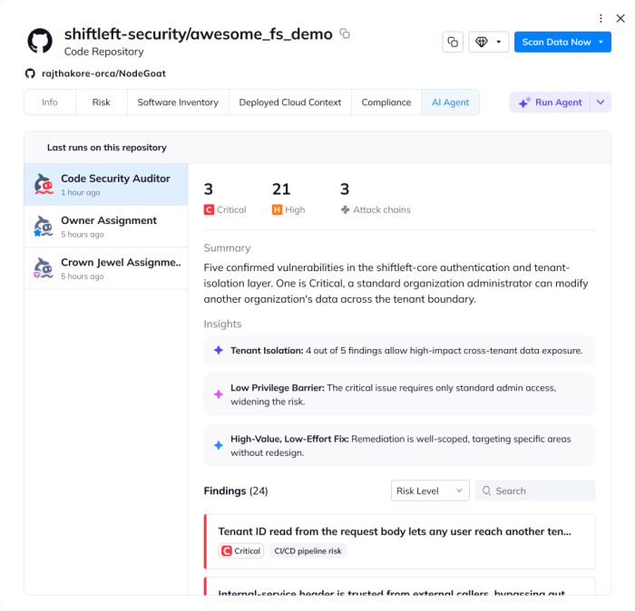 Orca Cloud Security Platform interface displaying code security auditor findings and tenant isolation risk analysis for a code repository.