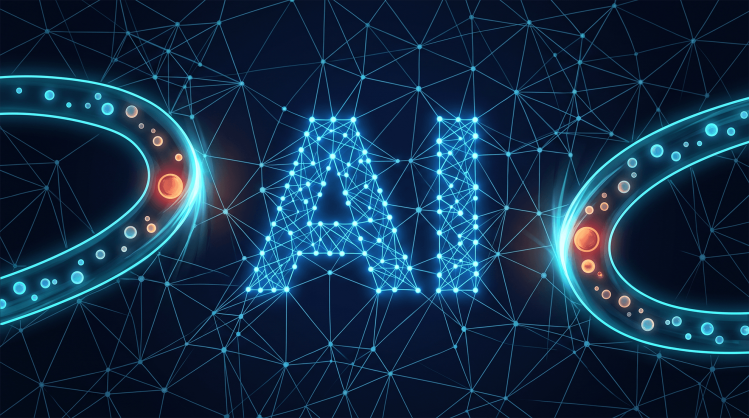 Digital network visualization featuring glowing AI letters flanked by protective blue rings, symbolizing AI guardrails essentials.