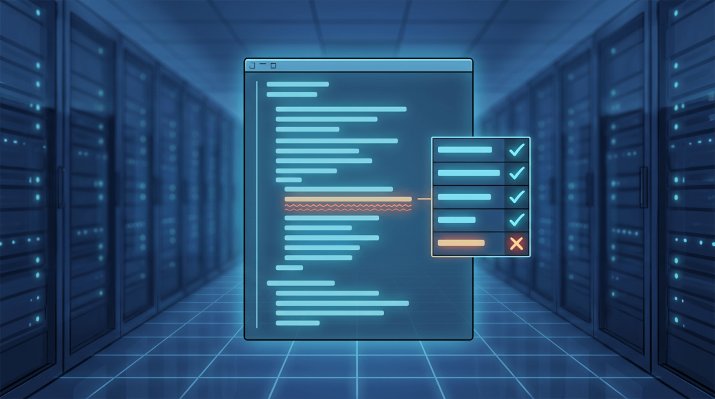 Digital illustration of a code editor and AppSec checklist in a server room, showing security compliance.
